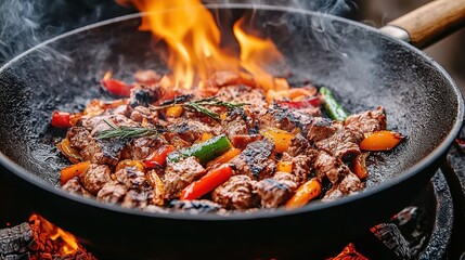 Colorful stir-fry vegetables and meat sizzle in a hot pan over an open flame, creating a smoky and vibrant cooking scene.