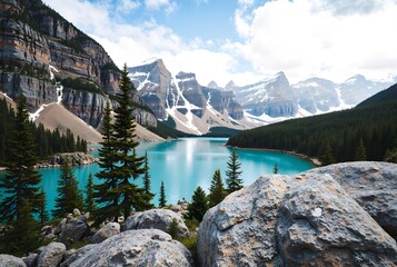 Turquoise Lake Surrounded by Rocky Mountains and Pine Trees