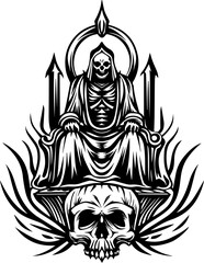 SVG of a skull seated on a throne, dark and powerful vector style. Dark and Eerie Illustration of a Skeleton Figure on a Throne