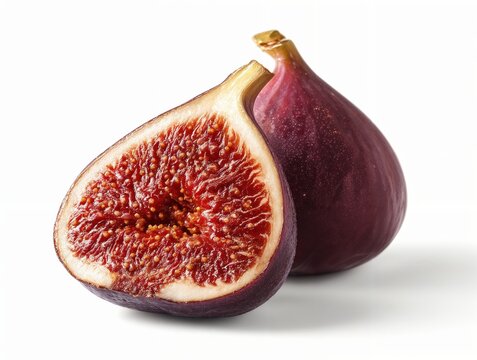 Dos higos, uno entero y uno cortado por la mitad, sobre un fondo blanco. El higo cortado muestra su interior rojo y texturizado.