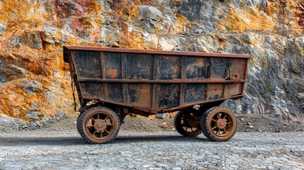 An old, rusted mining cart in a rocky, rocky setting with colorful, rocky walls.