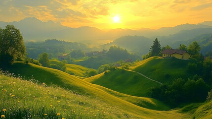 Golden sunlight bathes a serene, green, hilly landscape with a few houses and trees. Peaceful, warm, and inviting scene