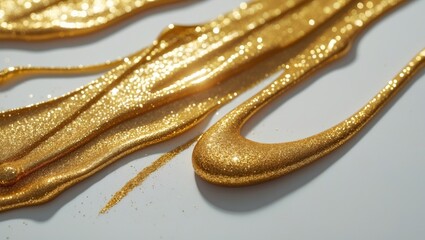 Cosmetic texture. Golden glitter paint smear, nail polish, and face mask on isolated background. Makeup products.