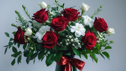 Cluster of white flowers and red roses