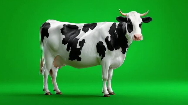 Dairy Cow with Spotty Pattern: A majestic dairy cow showcases its striking black and white markings against a vibrant green background, portraying the essence of farm life.
