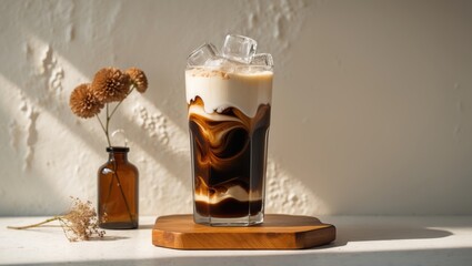 Iced Thick Ginger Milk Tea in a Disposable Glass Displayed on Wooden Board from Side View