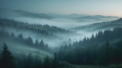 Fototapeta premium Pine forest in the mountains shrouded in mist during the morning