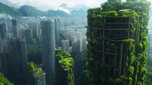 Futuristic cityscape featuring vertical gardens and lush greenery amidst urban architecture.
