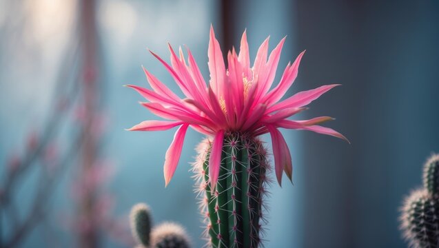 Seasonal indoor Christmas Cactus with vivid blossoms and blurred nature background