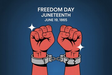 Illustration of juneteenth with red fists and broken chains on a blue background