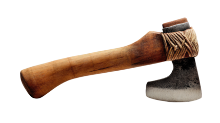 Hand Axe: A rustic hand axe, featuring a wooden handle and sturdy metal blade, lies ready for use against the backdrop of nothingness, suggesting traditional craftsmanship and essential tools.