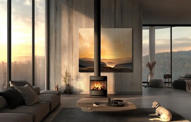 Fototapeta na wymiar Modern Fireplace in a Stylish Living Room