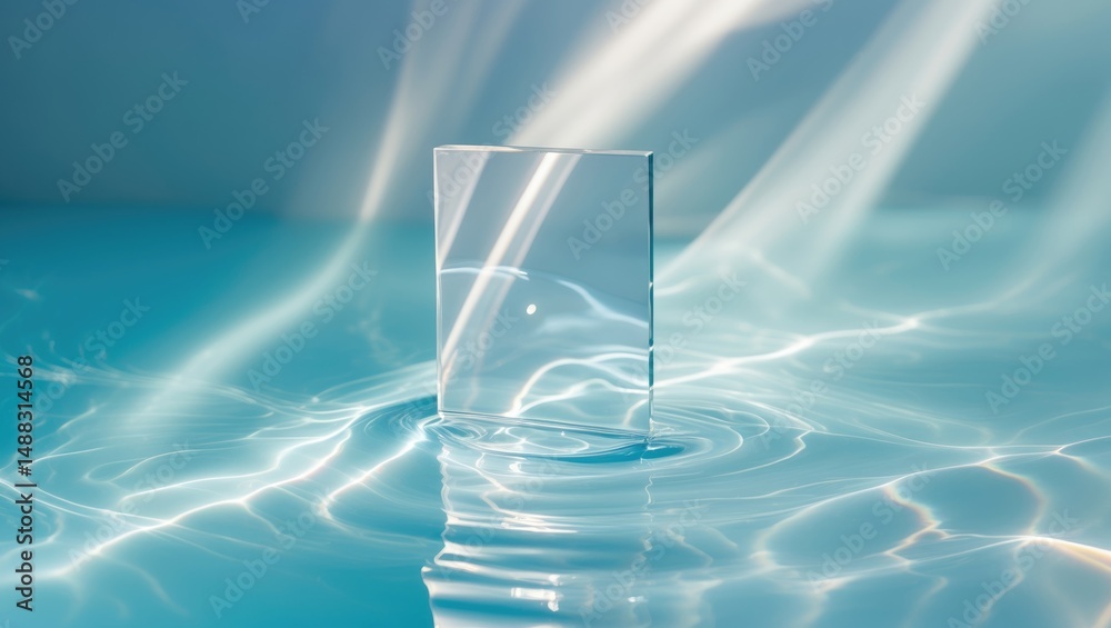 Poster caustic effect of light refraction in wall overlay photo mockup, blurred rays bending through glass 