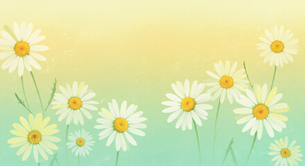 Obraz premium Daisy Flowers Field Digital Illustration Gentle Watercolor Texture Gradient Spring Summer