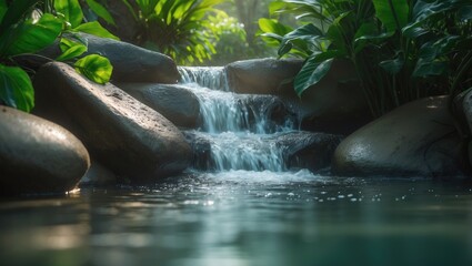 Smoothly flowing tropical river in the lush landscape