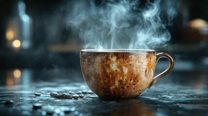 Steaming mug of coffee on dark surface