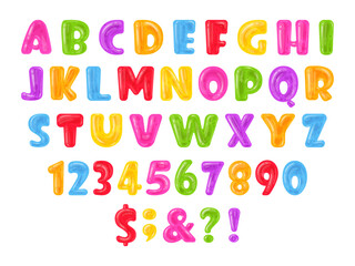 Jelly font. Chewy gummy abc letters and numbers, sweet jelly alphabet flat vector illustration set. Cartoon marmalade alphabet