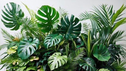 White background featuring isolated tropical Monstera and palm leaves with clipping path.