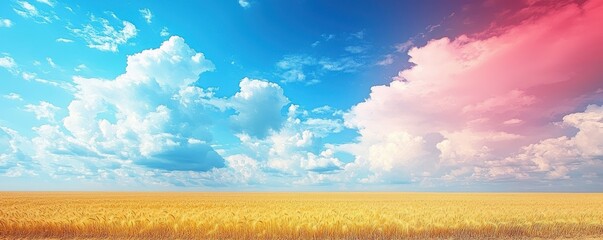 Fototapeta premium Golden field under a vibrant, two-toned sky. Blue and pink hues contrast beautifully above the ripe, waving grain