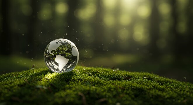 Glass globe on moss in a forest