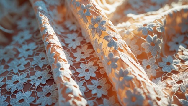 Golden brown embossed floral motifs on material texture serve as background, wallpaper, or base for bags and wallets