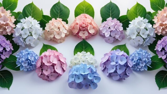 Collection of Hydrangea flowers isolated on white background. Various colors of inflorescences.