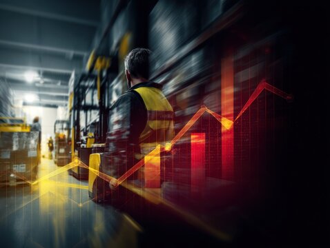 Warehouse interior with worker and forklift overlaid with financial growth chart.