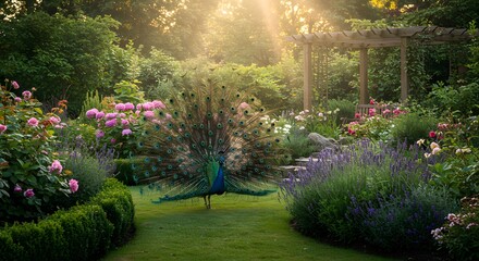 Fototapeta premium Beautiful garden with peacock and flowers perfect for nature lovers and garden enthusiasts alike on transparent background