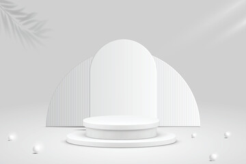 3D white cylindrical podium pedestal background with Clean wall scene. Minimal mockup or abstract product display presentation, Stage showcase. Platforms vector geometric design