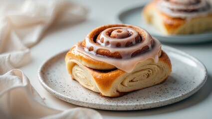 Fluffy and soft cinnamon bun topped with a shiny sugar glaze, served warm.