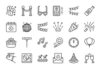 Celebratory party illustrations depict various festive elements