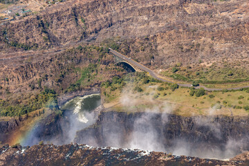 Aerial shot of the Victoria Falls on the Zimbawe Zambia Border.