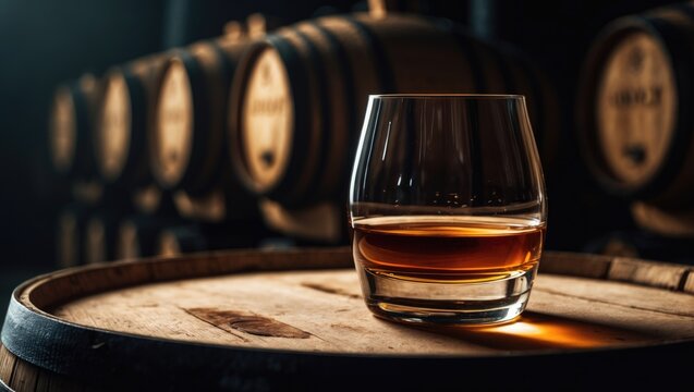 Photo featuring a whiskey glass atop an aging barrel, combining vintage look with a modern spirit.