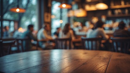 Wood table surface featuring a blurred crowd behind