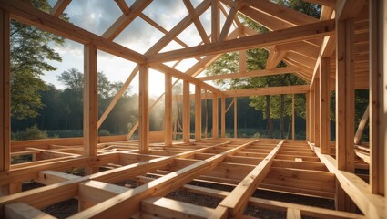 Fototapeta premium Comfortable cottage being built near the edge of the woods.