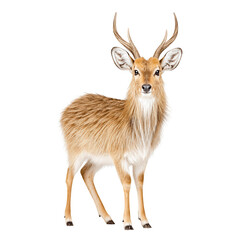 Fototapeta premium A male lechwe stands majestically isolated against a bright white backdrop.