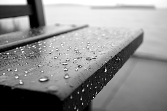 Raindrops cling to a park bench