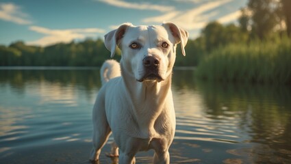 One-eyed white-faced dog positioned by the lake