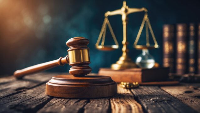 Mallet, legal statutes, and justice symbol. Legal concept