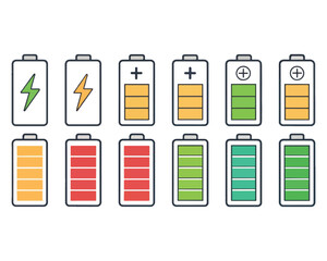 Battery icon set. Battery Full charge indicator or low charge sign,Battery Charging indicator in thin line and flat icon collection. Vector illustration