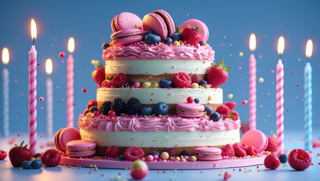 Elevated cake layers with berries, chocolate, macarons, and pink cream, set against burning festive candles. Birthday cake captured in freeze motion. - Powered by Adobe