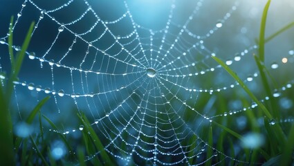 Fototapeta premium Stunning natural scenery featuring a necklace of water droplets on a spider web in grass.