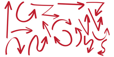 Arrows hand drawn doodle icons set. Curved cartoon arrows sketches collection. Flat and thin pointers illustrations. Scribble swirl arrow signs.