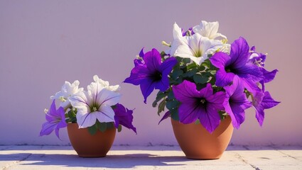 Petunias in white and lilac bloom against a white wall