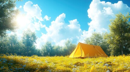 Sunny camping scene with a bright yellow tent in a meadow