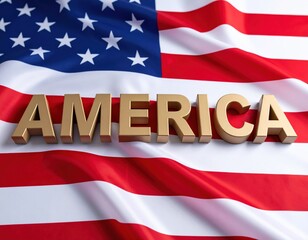 3d gold america text overlying waving american flag with stars and stripes