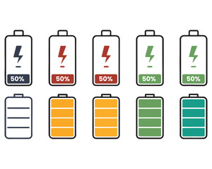 Battery icon set. Battery Full charge indicator or low charge sign,Battery Charging indicator in thin line and flat icon collection. Vector illustration