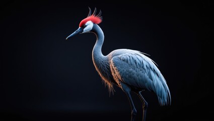 Obraz premium Solitary red-crowned crane against black backdrop