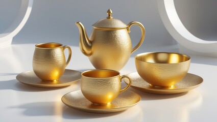 Fototapeta premium Golden Teapot Collection, Teacup Set against White Backdrop