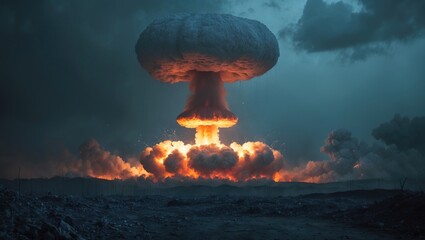 The idea of nuclear conflict featuring a nuclear bomb explosion and artistic dark illumination.